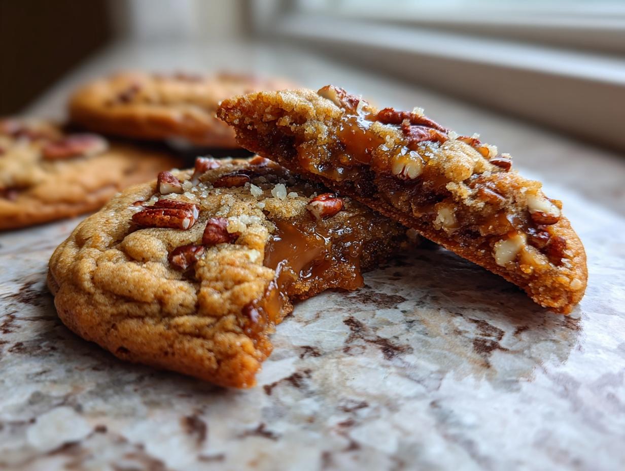 Close-up of a decadent pecan pie cookie broken in half, revealing a gooey caramel center and chopped pecans.