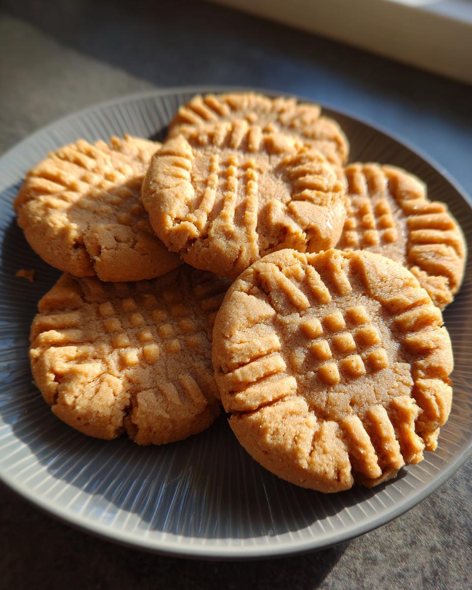 A close-up shot of five easy peanut butter cookies with classic fork marks, arranged on a grey striped plate.