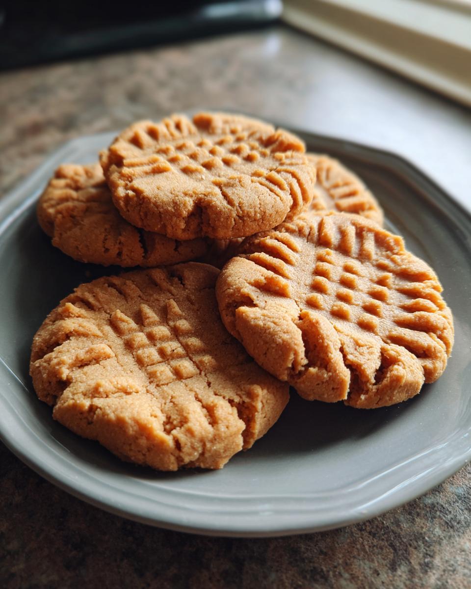 A close-up of several Easy Peanut Butter Cookies with classic fork marks on a grey plate.