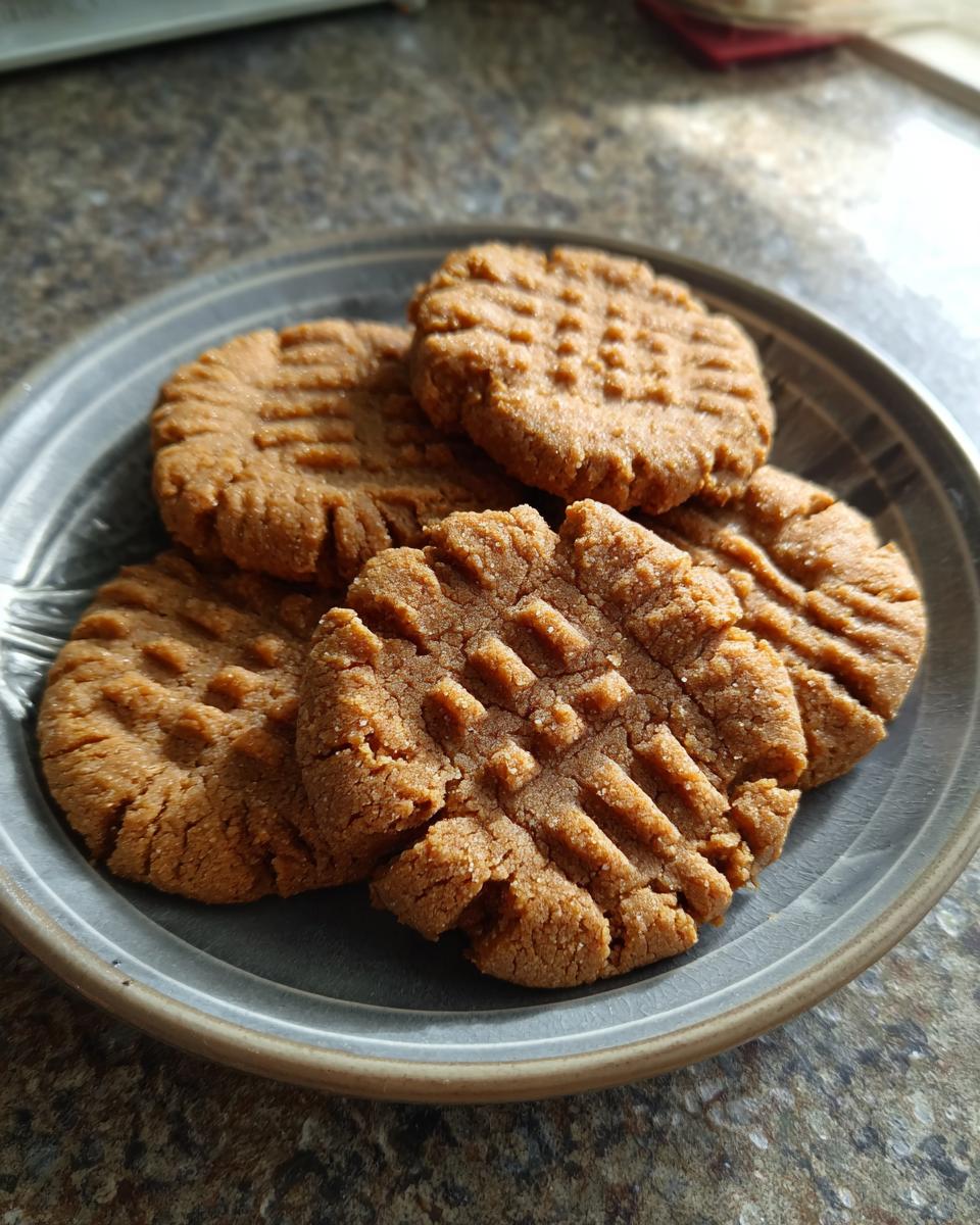 A close-up of five delicious easy peanut butter cookies with classic fork marks on a grey plate.