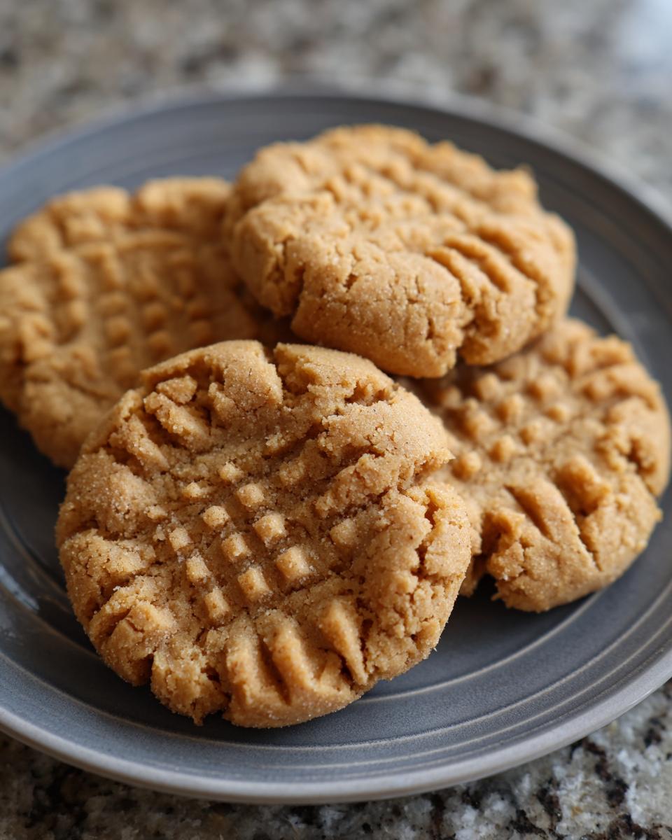 A close-up of four easy peanut butter cookies with classic criss-cross fork marks on a grey plate.