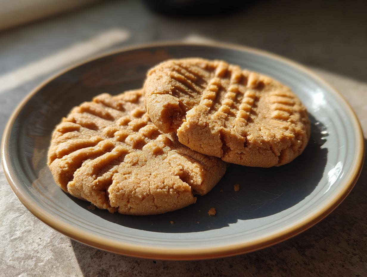 Two delicious easy peanut butter cookies with classic fork marks on a grey plate.