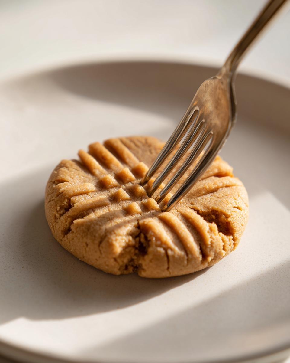 Close-up of a flourless peanut butter cookie with classic fork imprints and a bite taken out.