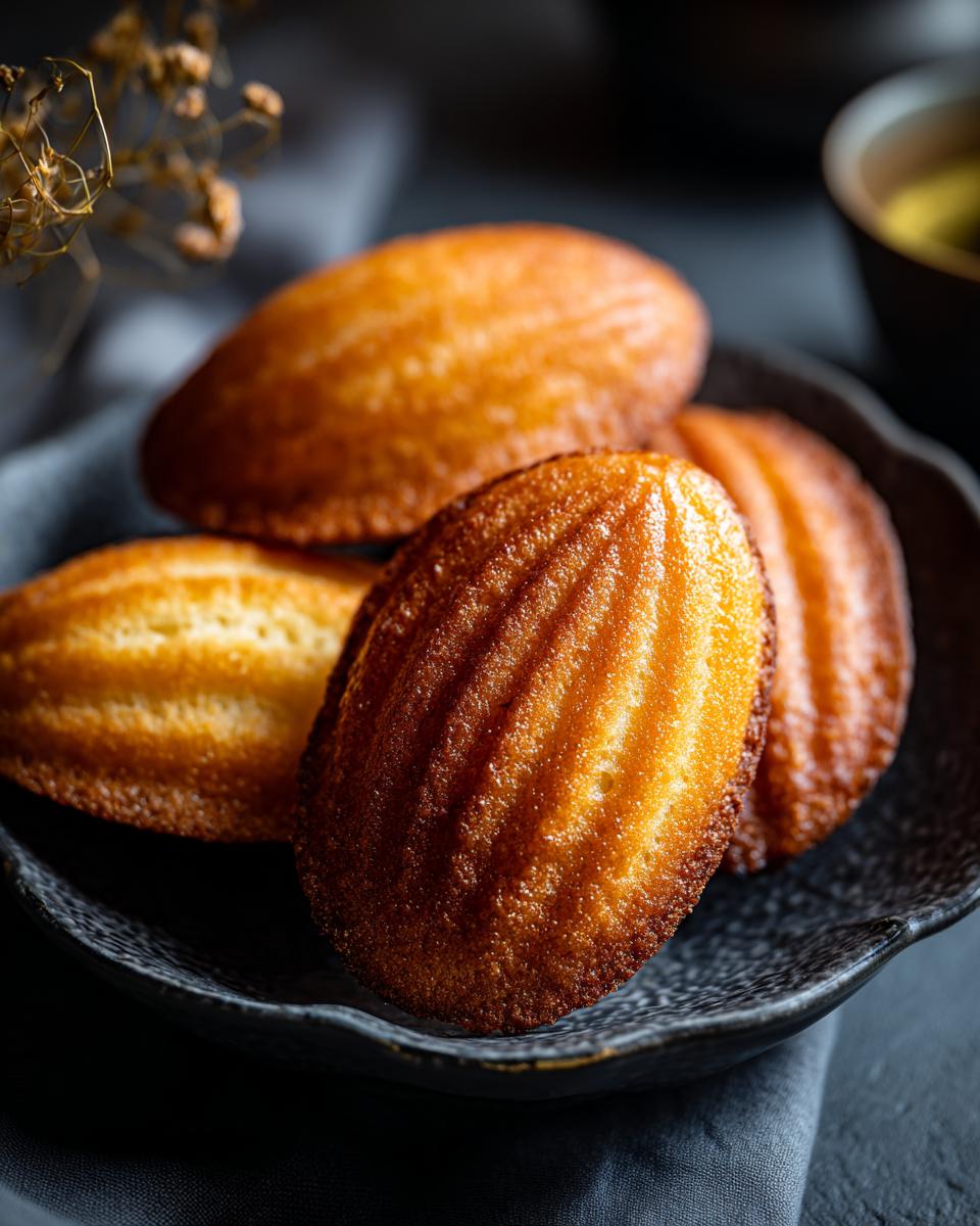 Close-up of four golden brown French madeleine cookies arranged on a dark textured plate.