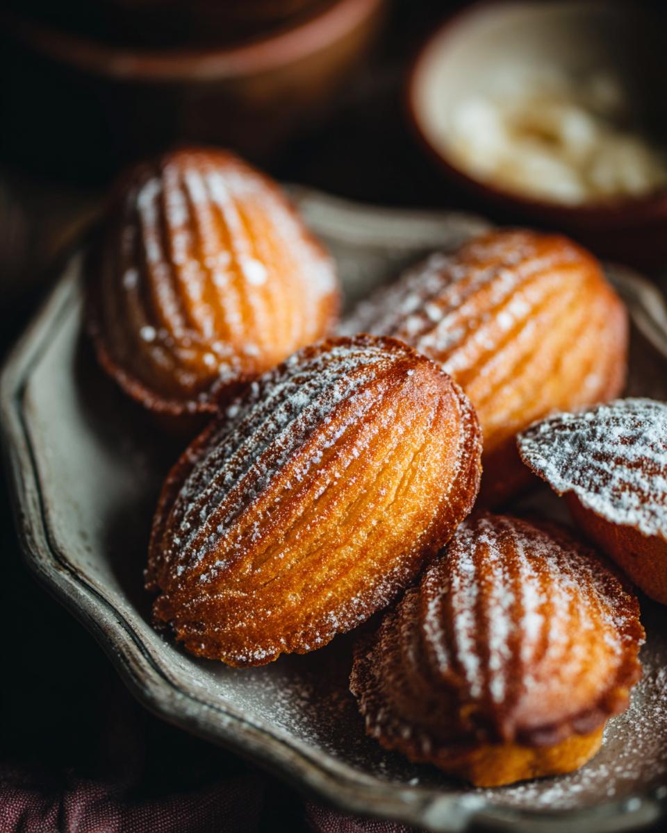 A close-up of golden-brown french madeleine cookies dusted with powdered sugar on a rustic plate.
