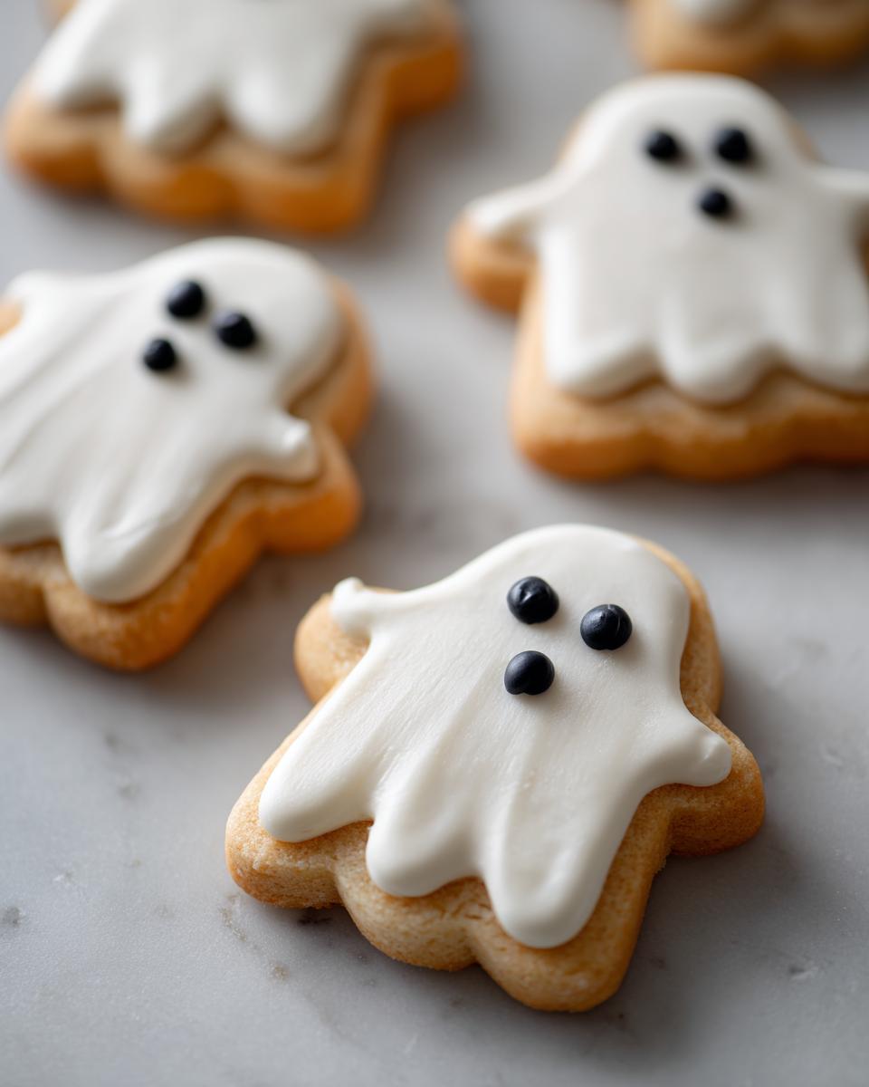 Close-up of several ghost sugar cookies decorated with white icing and black candy eyes.