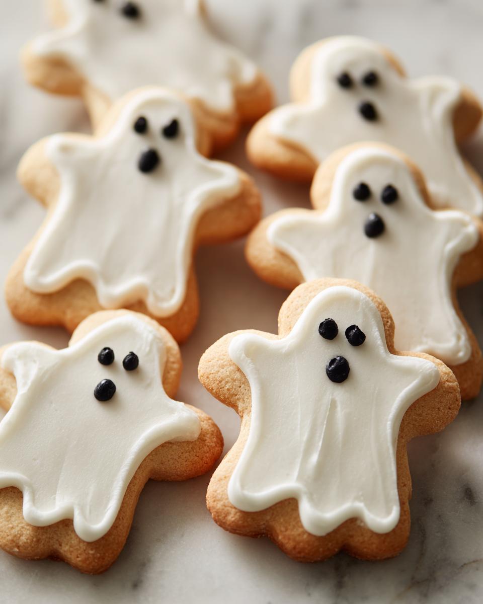A close-up of several ghost sugar cookies decorated with white icing and black candy eyes.