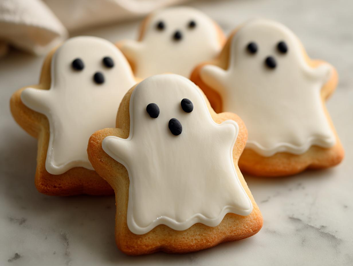 Close-up of four adorable ghost sugar cookies decorated with white icing and black candy eyes for Halloween.