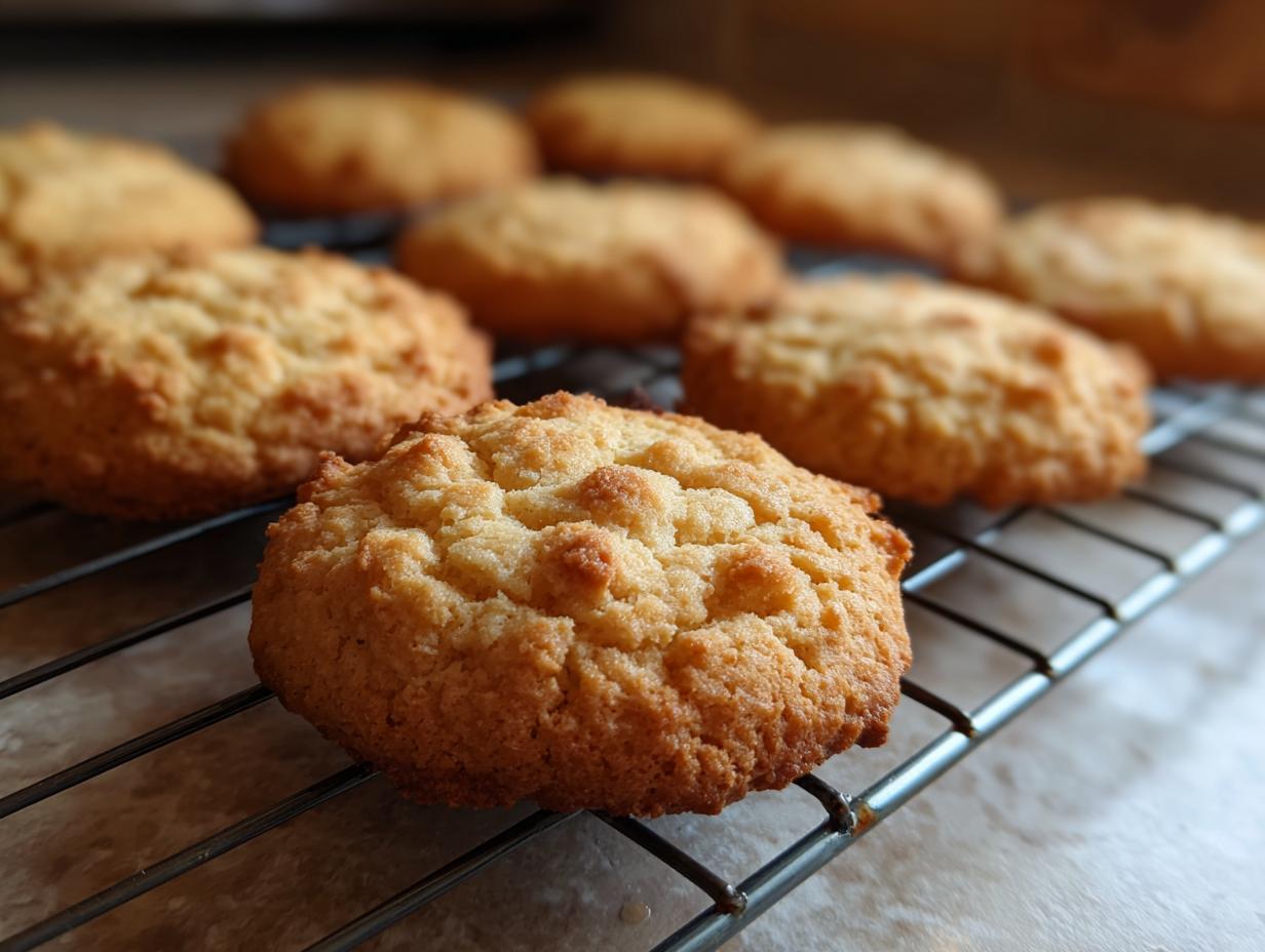 Close-up of golden brown gluten free almond flour cookies cooling on a wire rack.