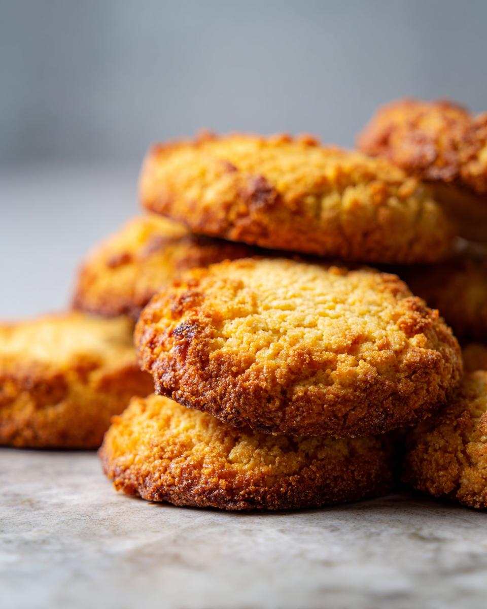 A close-up stack of golden brown gluten free almond flour cookies with a slightly crisp texture.