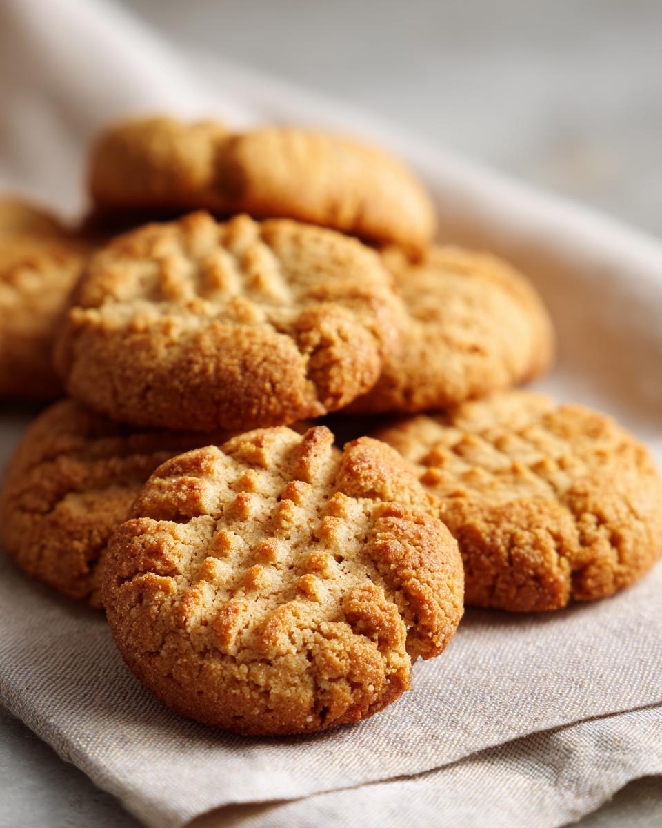 Close-up of golden brown gluten free almond flour cookies with classic fork marks on a linen napkin.