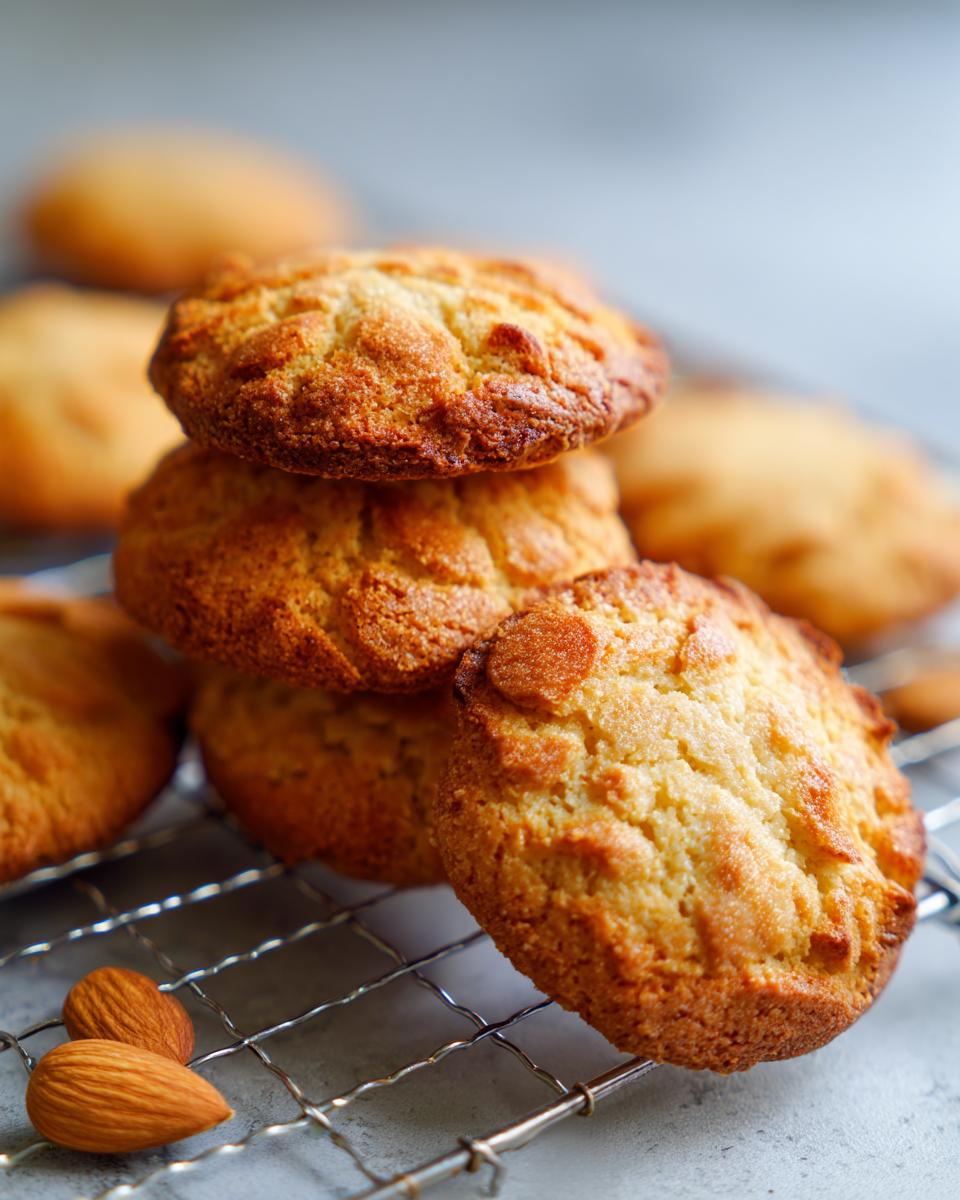 A stack of golden brown gluten free almond flour cookies on a cooling rack with almonds scattered nearby.