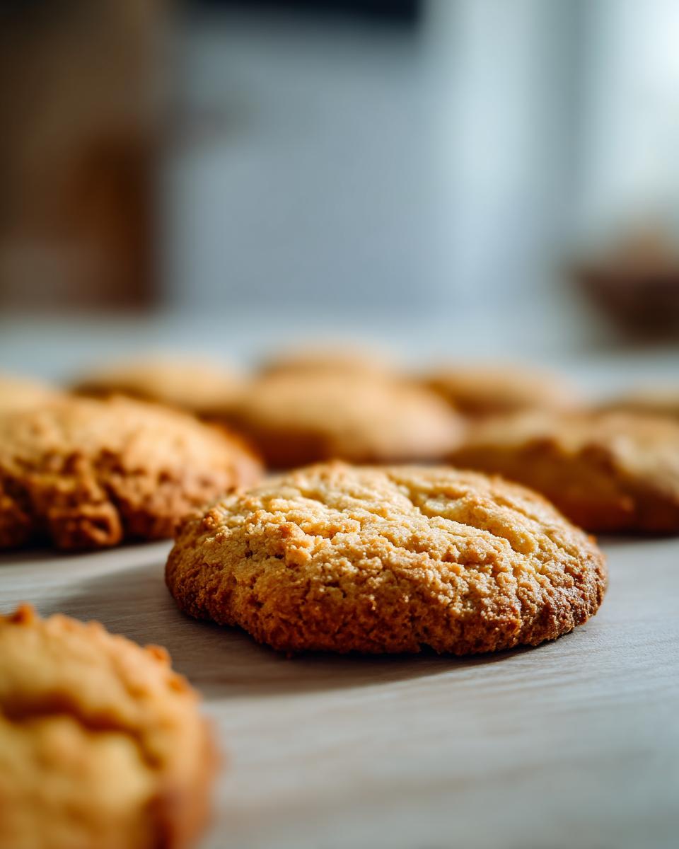 Close-up of golden brown gluten free almond flour cookies on a wooden surface.