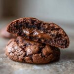 Close-up of a gooey nutella cookie, split in half to reveal a molten chocolate center.