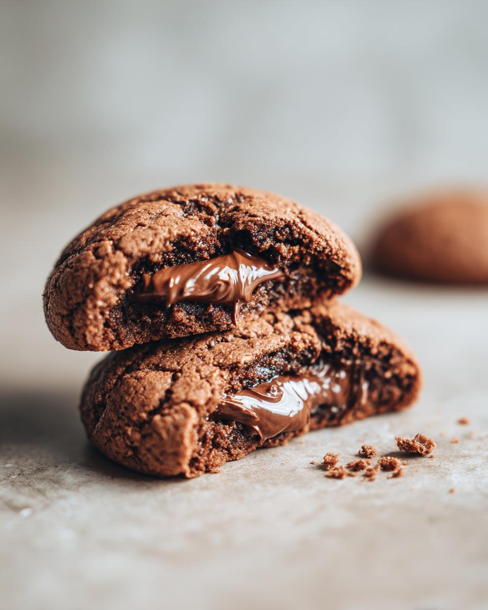 Close-up of two gooey nutella cookies stacked, with melted chocolate oozing out.