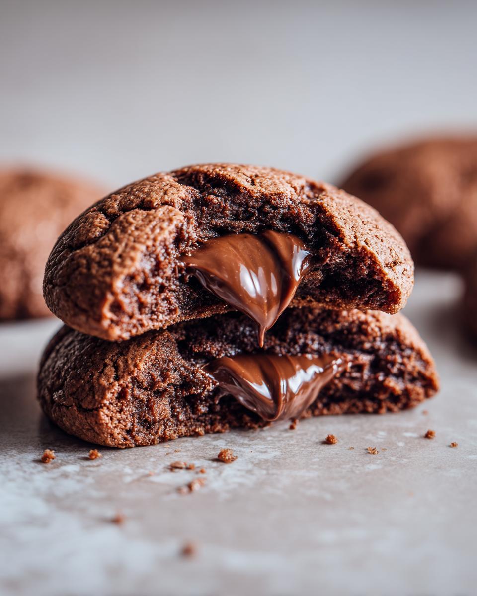Close-up of two gooey nutella cookies stacked, with melted chocolate oozing out.