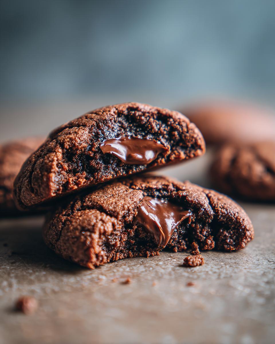 Close-up of two gooey nutella cookies, one broken in half, revealing a rich, molten chocolate center.