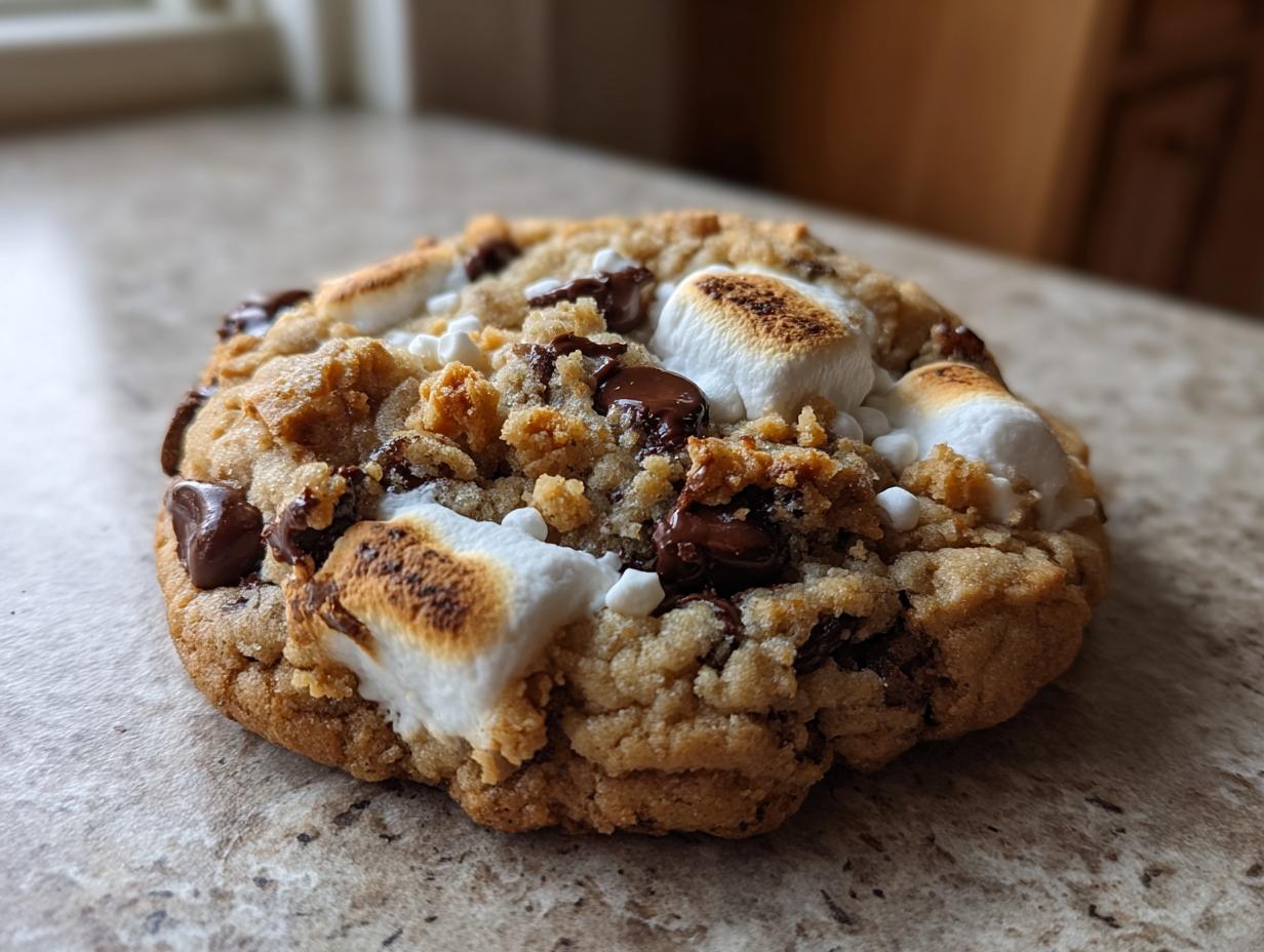 A close-up of a delicious s'mores cookie with melted chocolate chips and toasted marshmallows.
