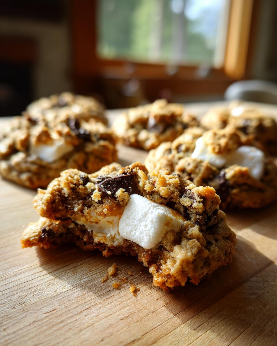 Close-up of a gooey s'mores cookie broken in half, revealing melted marshmallow and chocolate chunks.