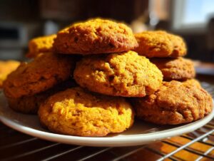 A close-up stack of delicious, golden-brown healthy pumpkin cookies on a white plate.