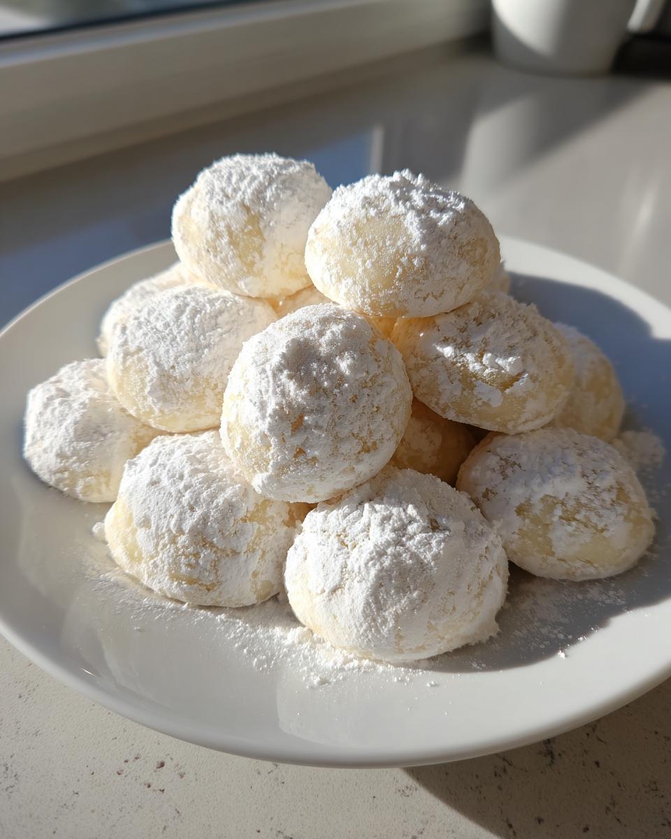 A pile of freshly baked lemon meltaway cookies generously coated in powdered sugar on a white plate.