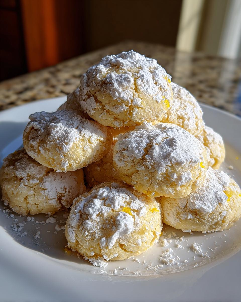 A pile of delicious lemon meltaways cookies dusted generously with powdered sugar.