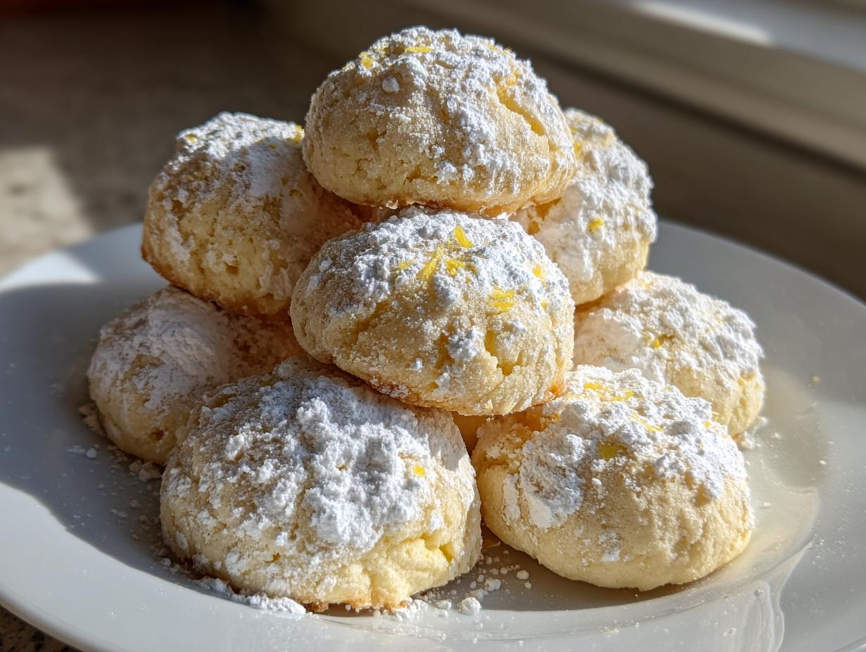 A stack of delicious lemon meltaways dusted with powdered sugar and lemon zest.