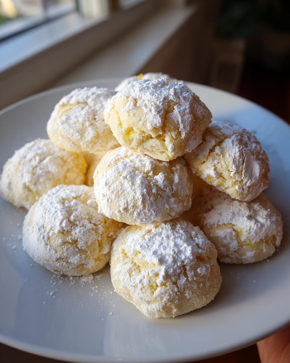 A pile of delicate Lemon Meltaways cookies dusted generously with powdered sugar.