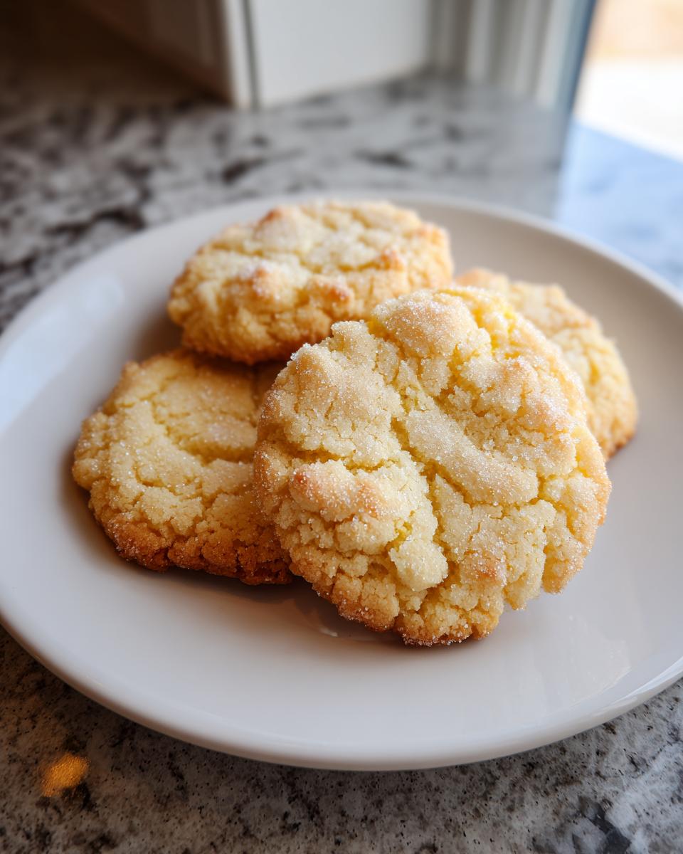 A close-up of four golden-brown lemon shortbread cookies sprinkled with sugar on a white plate.