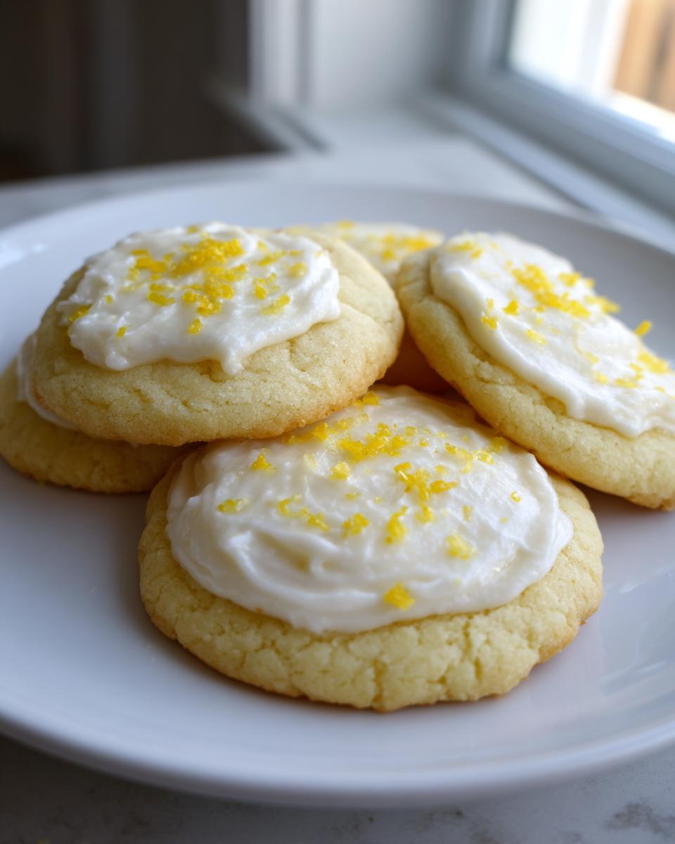 Close-up of several bright lemon sugar cookies topped with white frosting and yellow lemon zest.