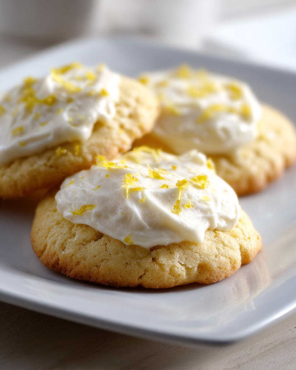 Close-up of three bright lemon sugar cookies topped with creamy frosting and lemon zest.