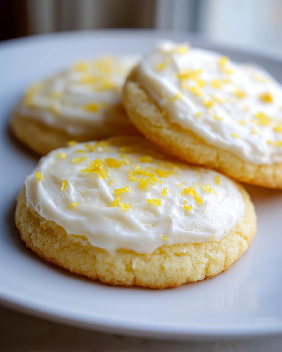 Close-up of three bright lemon sugar cookies topped with white frosting and fresh lemon zest.