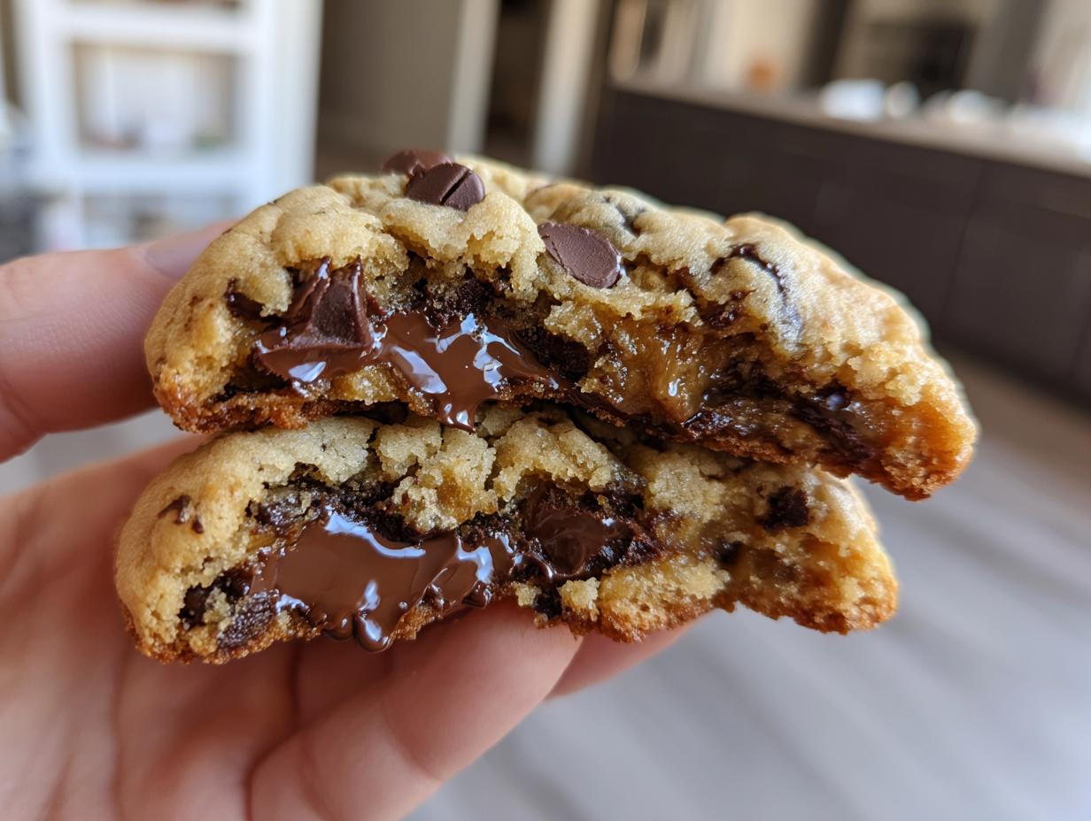 A close-up of a gooey Levain chocolate chip cookie, broken in half to reveal melted chocolate chips.
