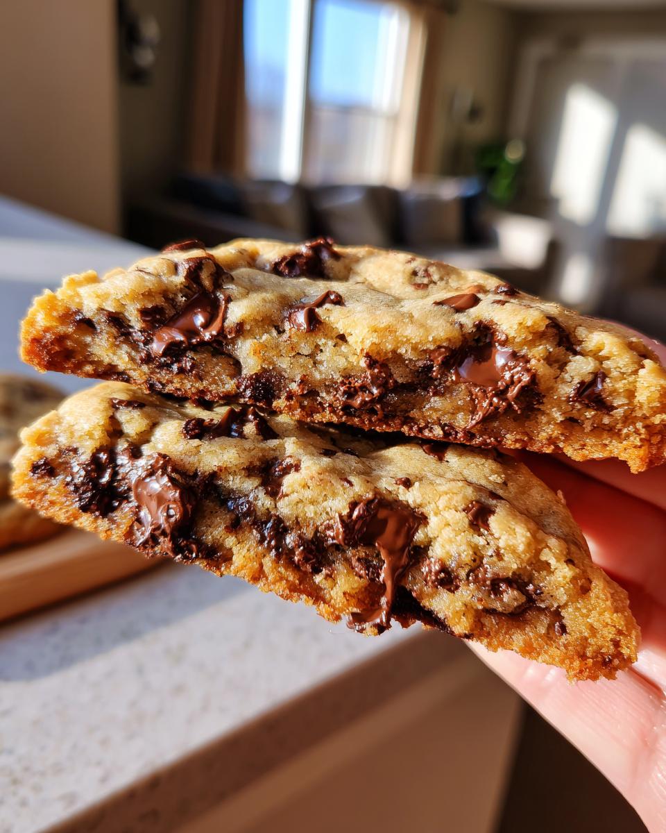 Close-up of two halves of a Levain chocolate chip cookie, showcasing gooey melted chocolate chips.