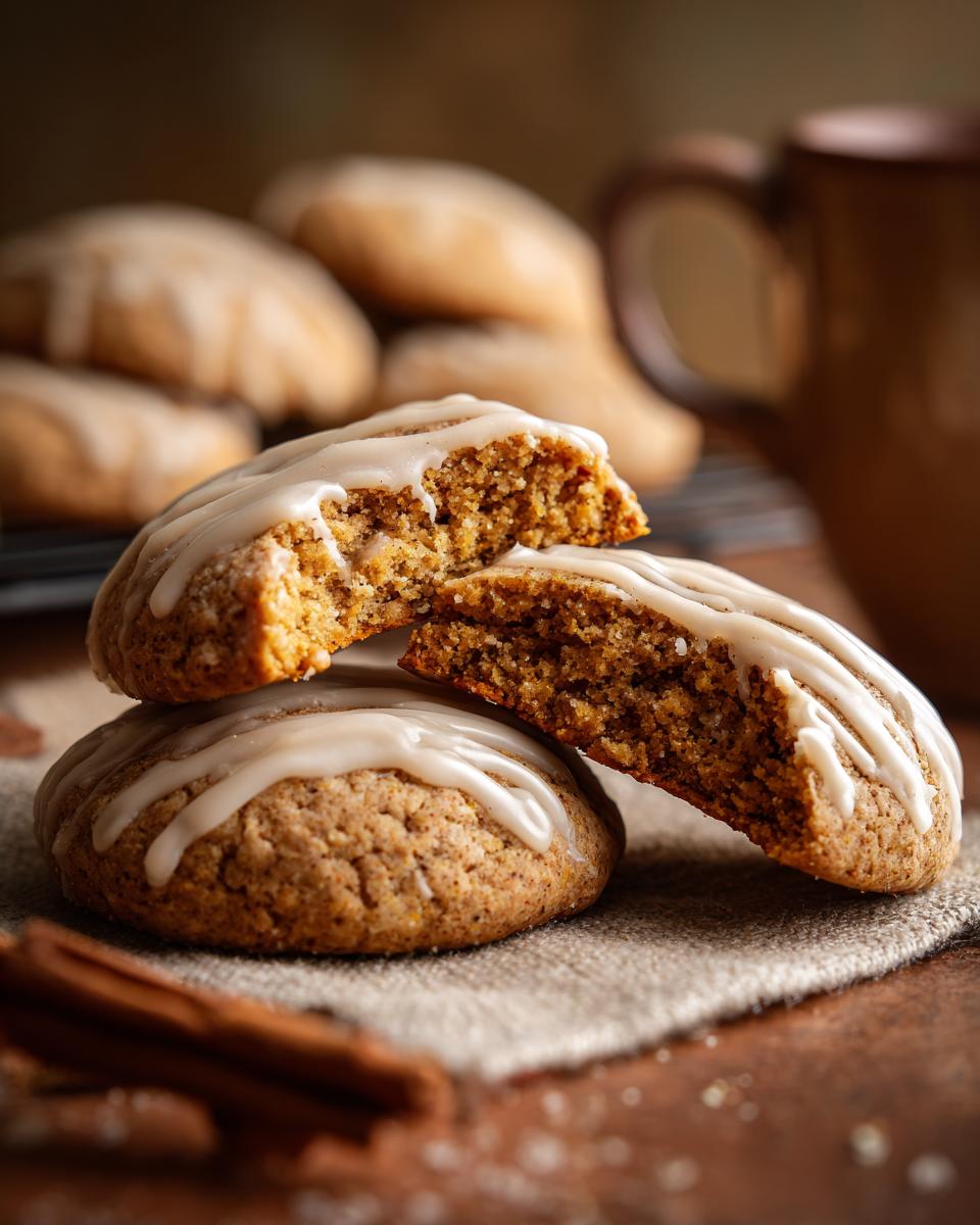 Close-up of two maple pumpkin cookies, one broken in half, showing a soft interior and drizzled with white glaze.