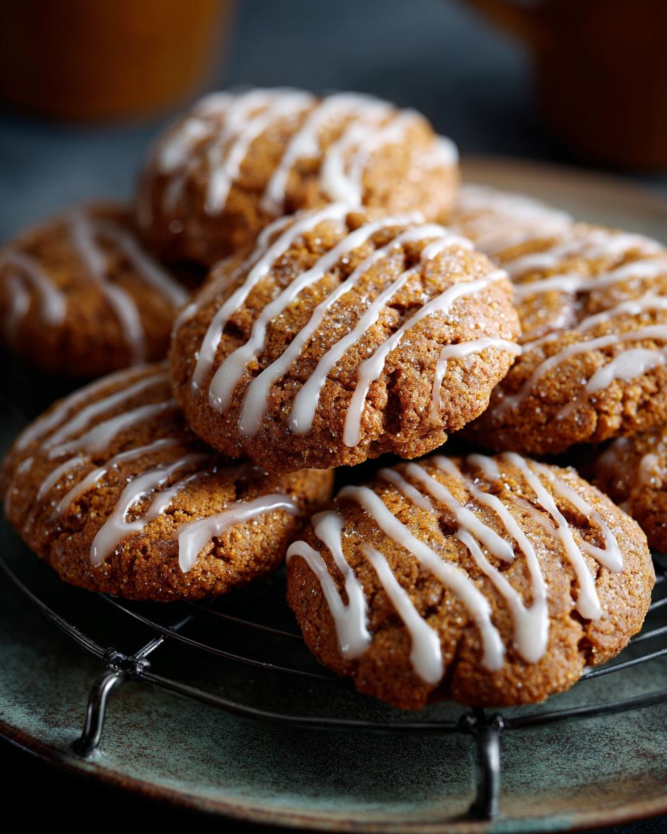 A close-up of several maple pumpkin cookies drizzled with white glaze and sprinkled with sugar.