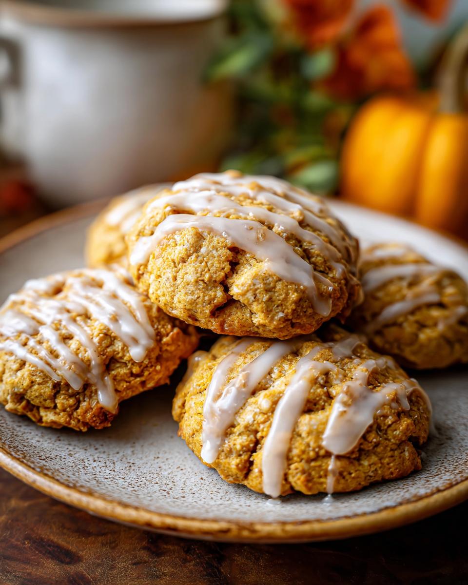 A stack of four maple pumpkin cookies drizzled with white icing on a rustic plate.