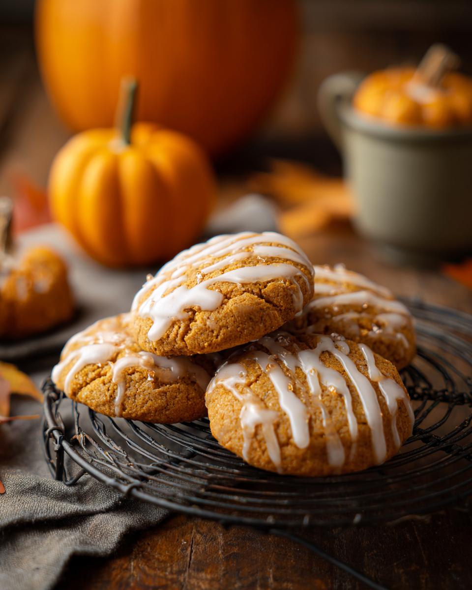 A stack of four iced maple pumpkin cookies on a cooling rack, with pumpkins in the background.