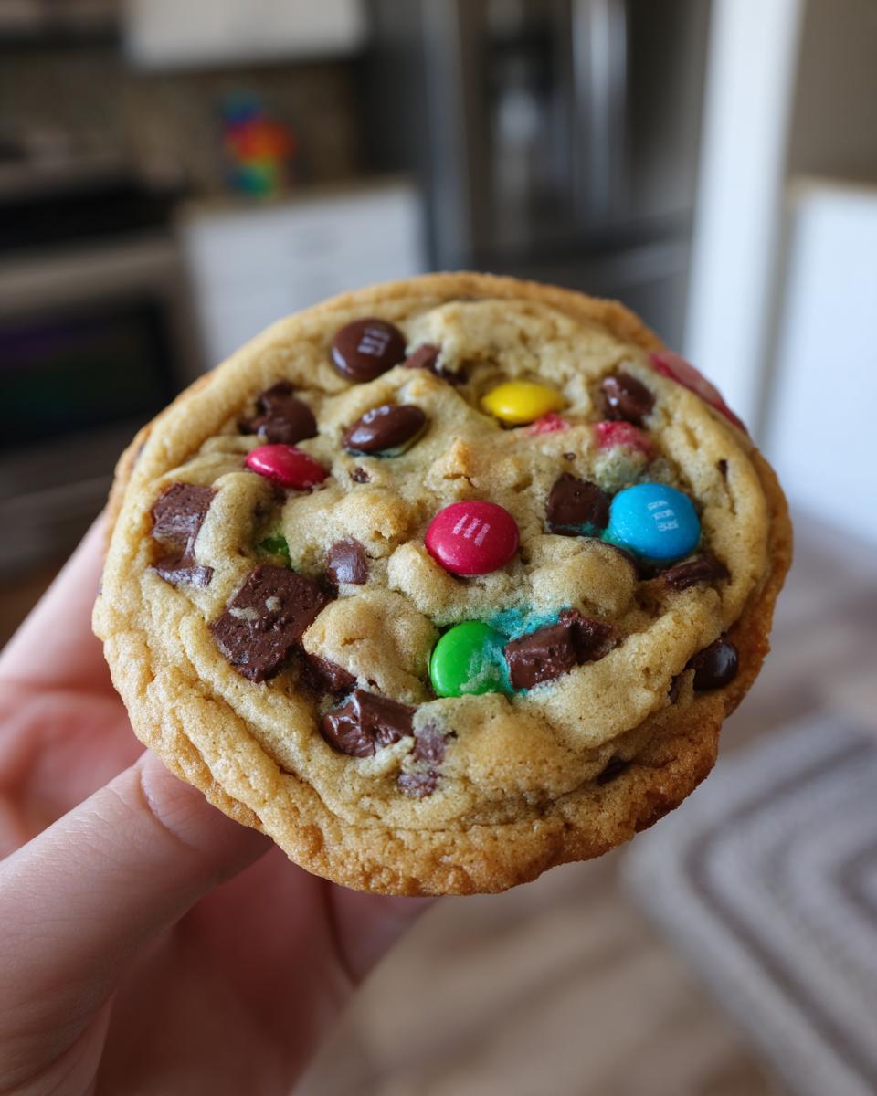A close-up shot of a perfectly baked M&M chocolate chip cookie held in a hand, showcasing melted chocolate chunks and colorful M&Ms.