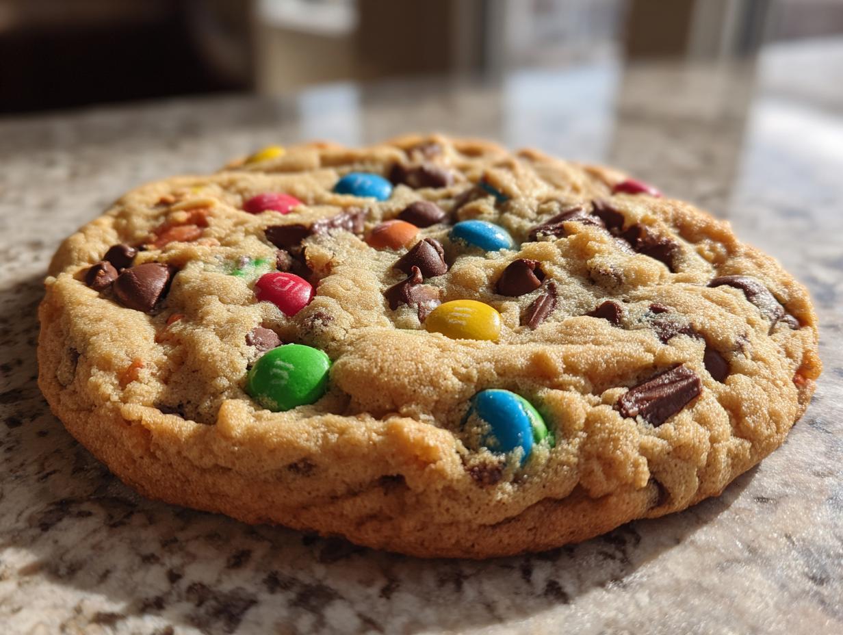 A close-up, detailed view of a freshly baked M&M chocolate chip cookie, showcasing colorful M&Ms and chocolate chips.