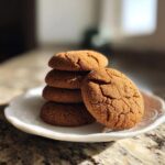 A stack of five crinkly, sugar-coated molasses cookies on a white plate.