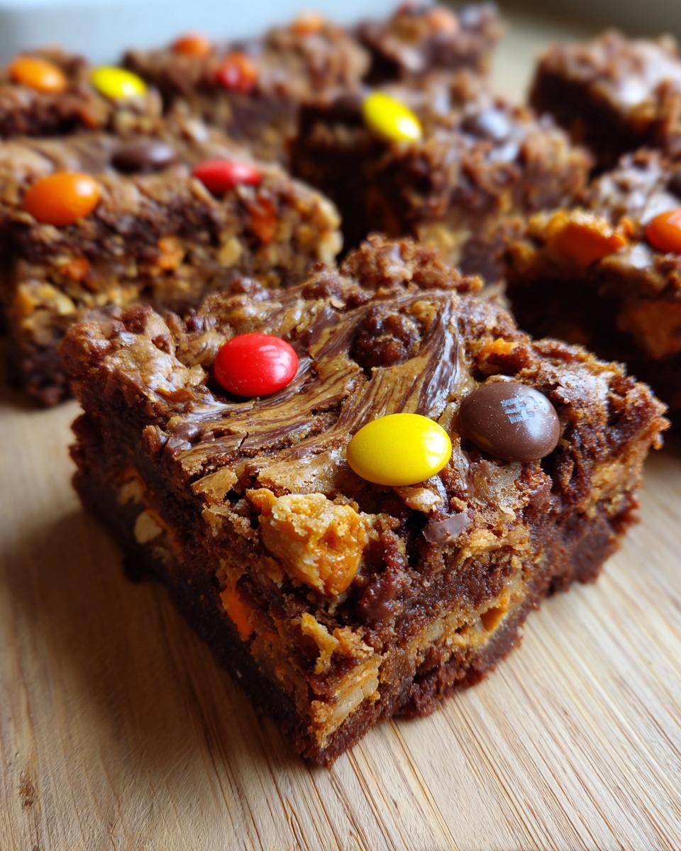 A close-up of a rich, fudgy brownie topped with colorful M&Ms and peanut butter swirls, showcasing the texture of monster cookie brownies.