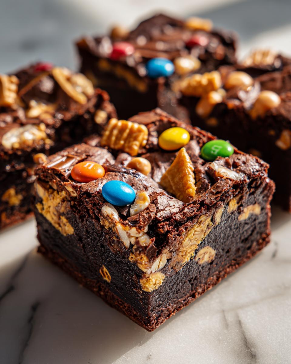 Close-up of a rich, fudgy brownie topped with colorful M&Ms, peanuts, and cookie pieces. These are the ultimate monster cookie brownies.