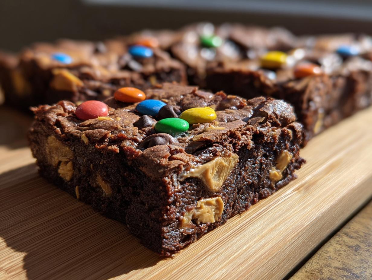 Close-up of a rich chocolate brownie loaded with peanut butter chunks and colorful M&Ms, a perfect monster cookie brownie.