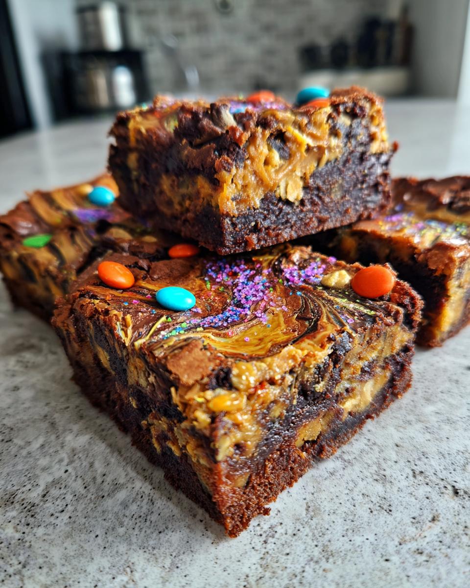 Close-up of rich chocolate monster cookie brownies topped with peanut butter swirls, colorful candy, and sprinkles.