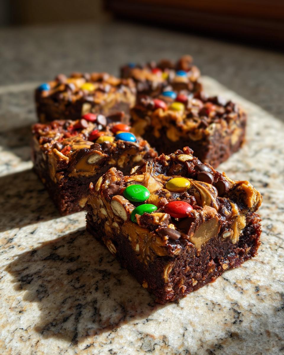 Close-up of rich chocolate monster cookie brownies topped with peanut butter, chocolate chips, and colorful M&Ms.