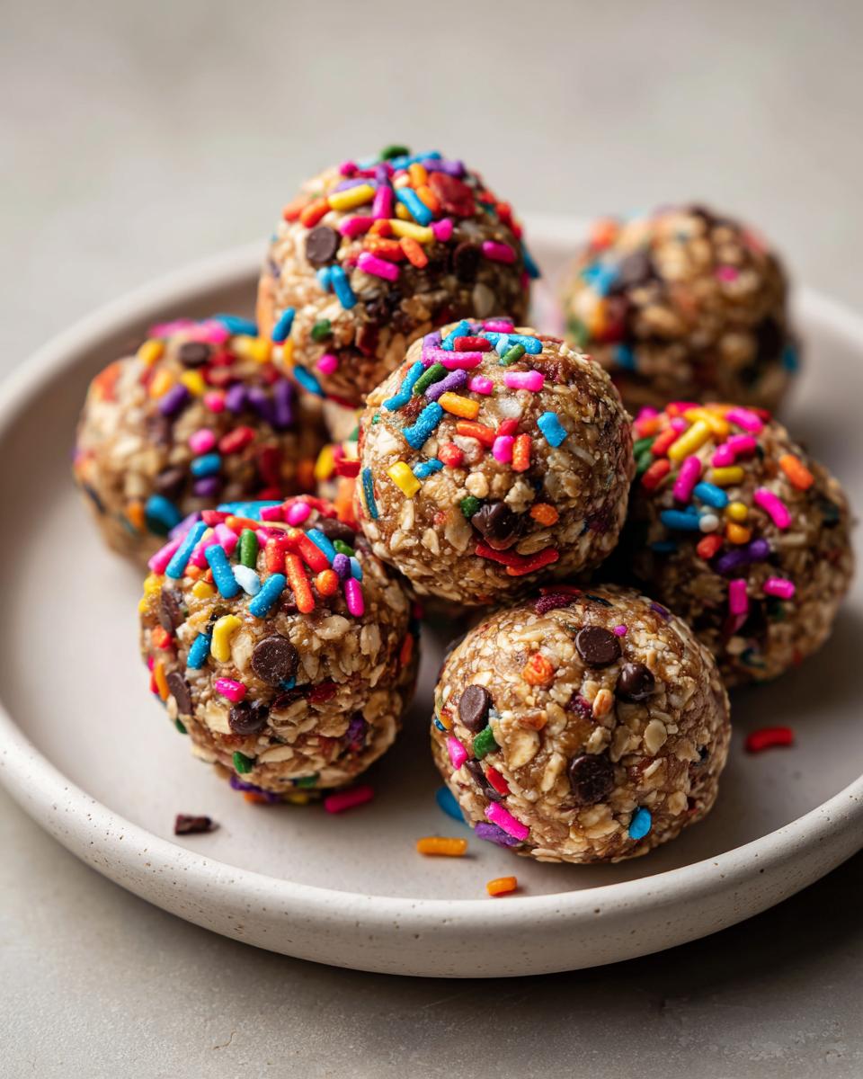 A close-up of a pile of delicious Monster Cookie Protein Balls, covered in colorful sprinkles and chocolate chips.