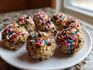 A plate of delicious Monster Cookie Protein Balls, coated in colorful sprinkles and mini chocolate chips.