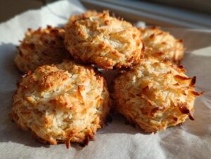 A close-up of a pile of golden-brown no bake coconut cookies, showcasing their shredded coconut texture.