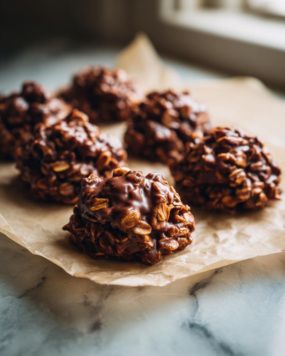 Close-up of several chocolate no-bake cookies made with oats, arranged on parchment paper.